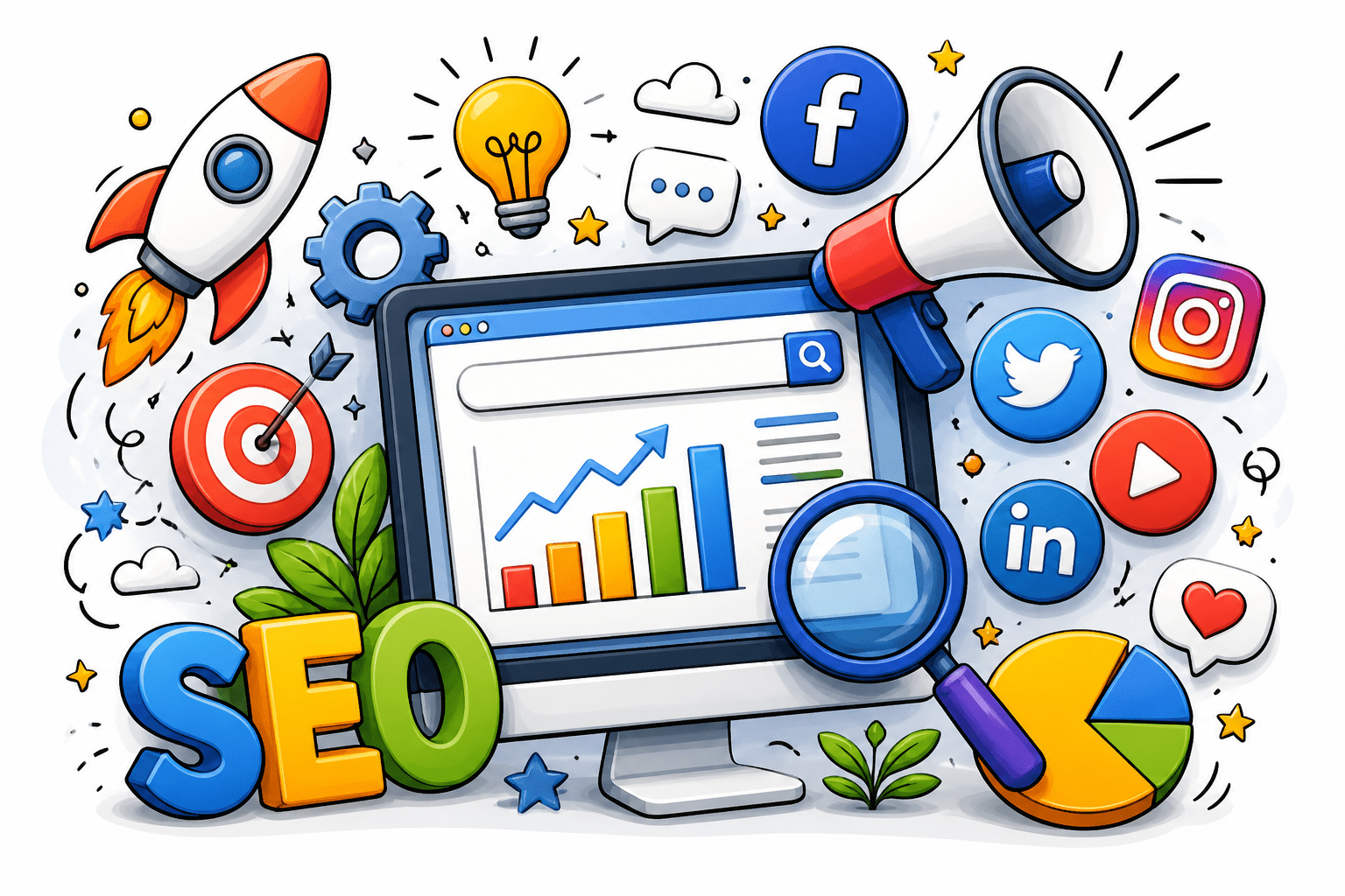 seo and smo services digital marketing doodle illustration for business growth